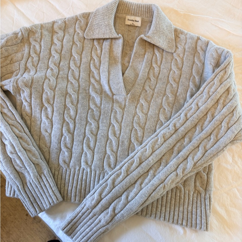 Aritzia  Light Gray Cable V-Neck Polo Sweater
